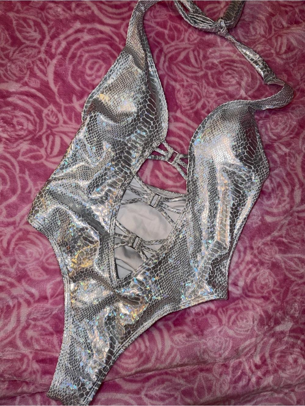Fashion Nova Silver Holographic One-Piece Swimsuit